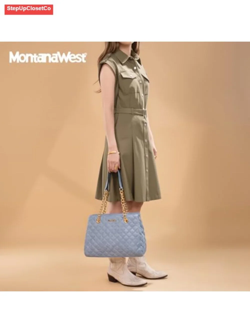 Quilted Faux Leather Tote Bag with Gold Chain Strap, Women's Shoulder Purse